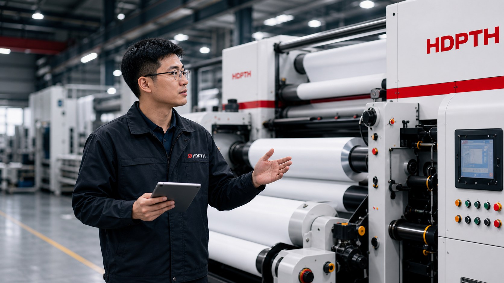 HDPTH branded engineer beside nonwoven converting machine