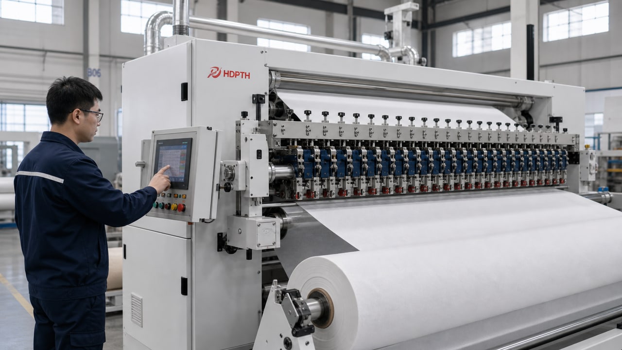 Engineer configuring an HDPTH automatic knife positioning system for a slitter rewinder