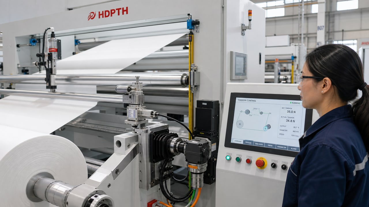 Automatic tension control and web guiding on an HDPTH nonwoven converting machine