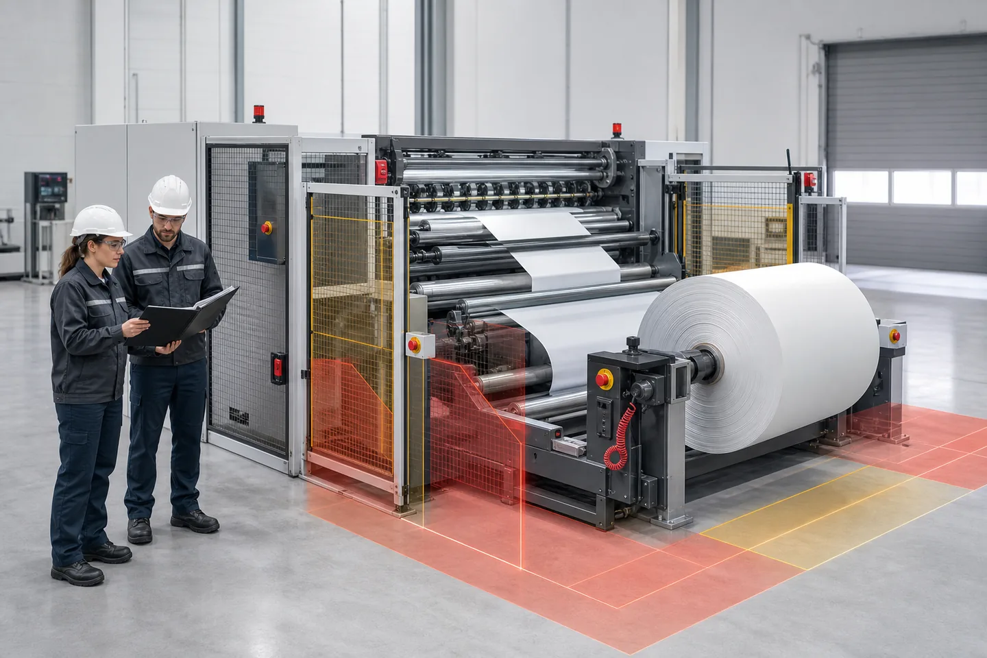 Engineers reviewing guarding and documentation on a generic slitter rewinder