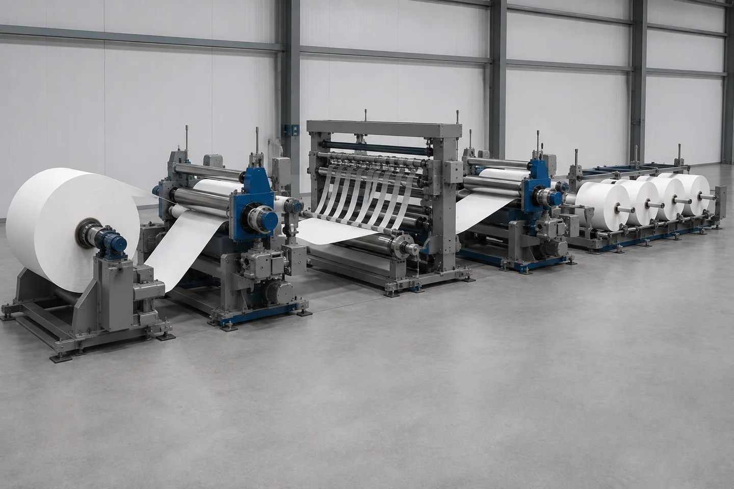 Engineering view of unwind, driven nip stations, slitting span and finished rewind rolls