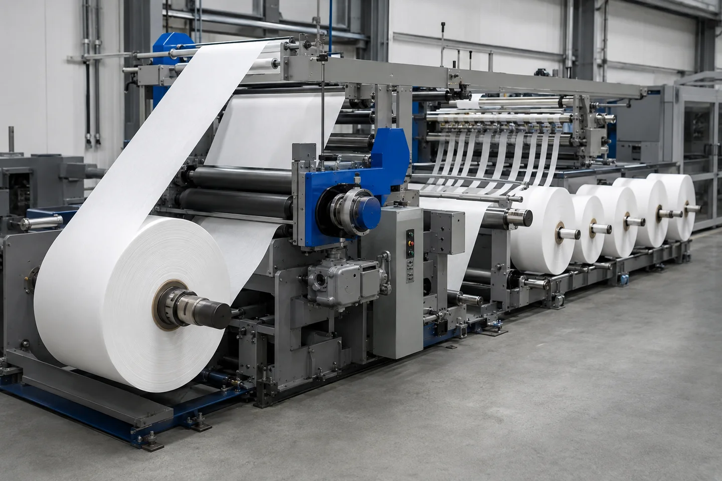 Industrial slitter rewinder processing a wide nonwoven web through a driven nip station