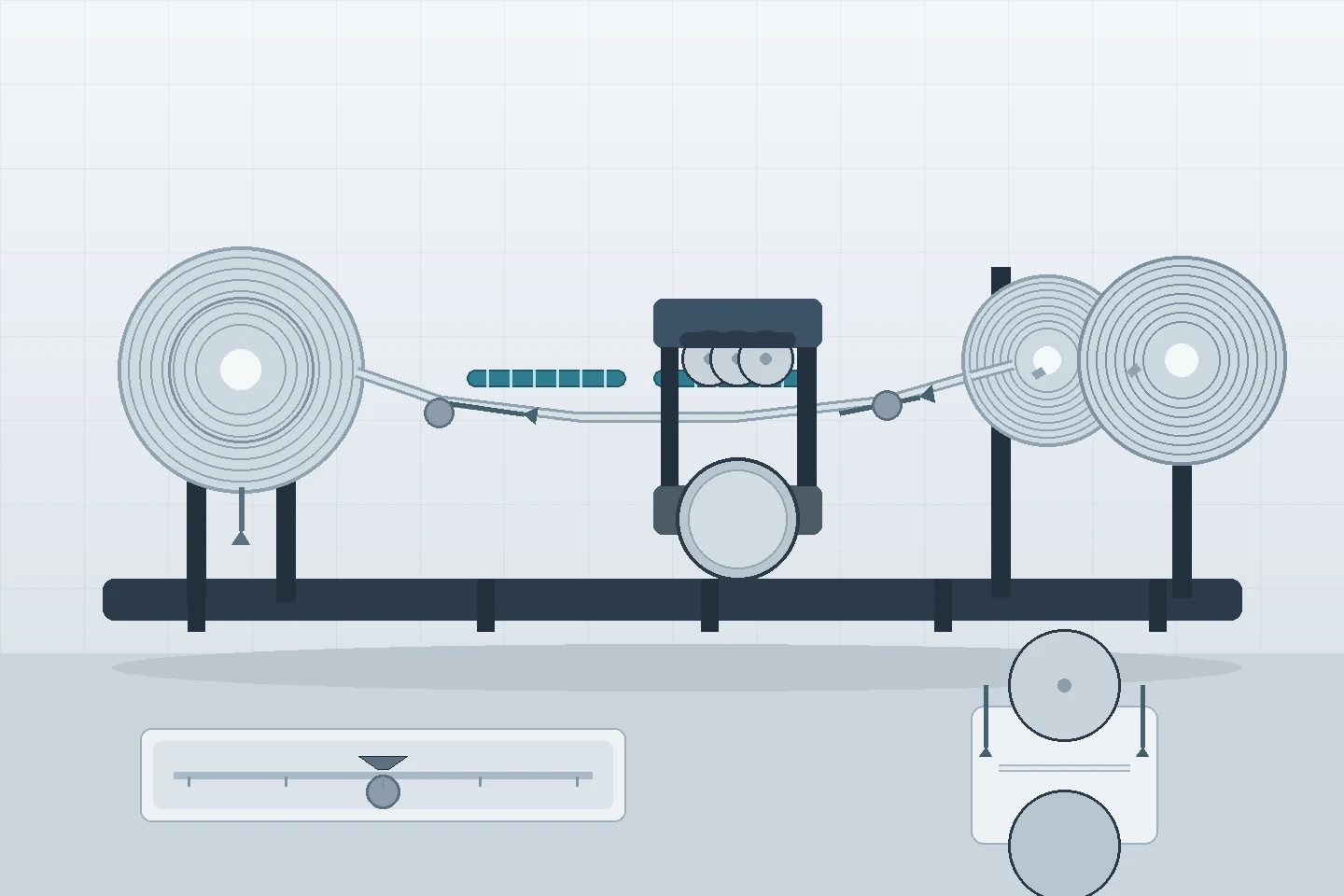 Simplified film slitter rewinder line with a transparent parent film roll unwinding through static bars and shear knives over an anvil roll onto dual rewind shafts with touch rolls