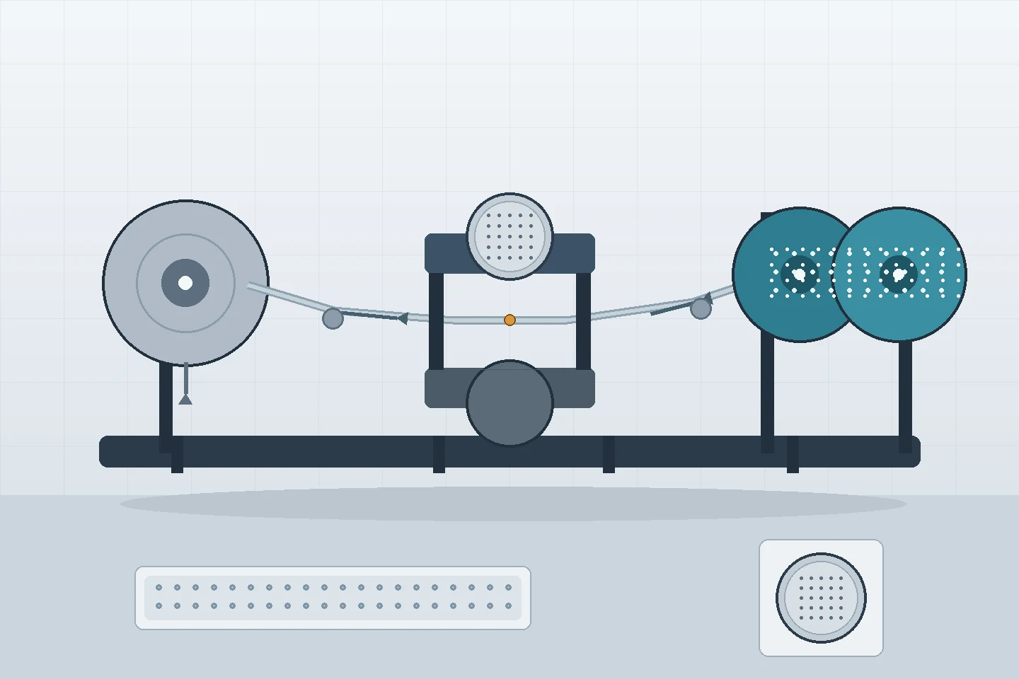 Simplified nonwoven converting line with a parent roll unwinding through an embossing nip formed by an engraved steel roller and a rubber counter roller onto rewind rolls, beside a patterned web sample