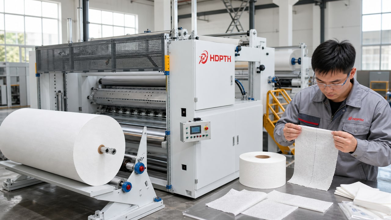 Technician inspecting a perforated nonwoven wipe sample beside an HDPTH rewinding line