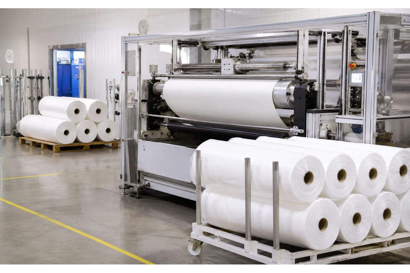 Cleanly arranged nonwoven roll converting line handling white healthcare material with guarded slitting and rewinding sections