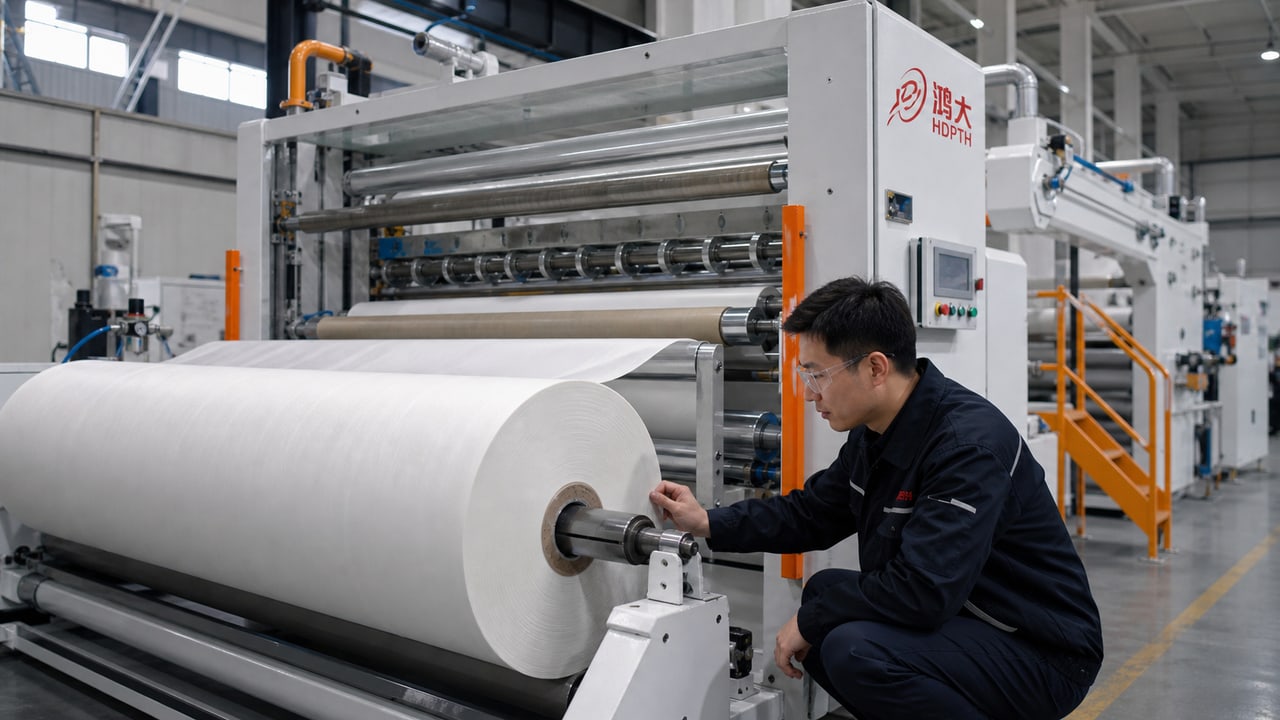 HDPTH engineer inspecting finished roll quality on a nonwoven slitter rewinder