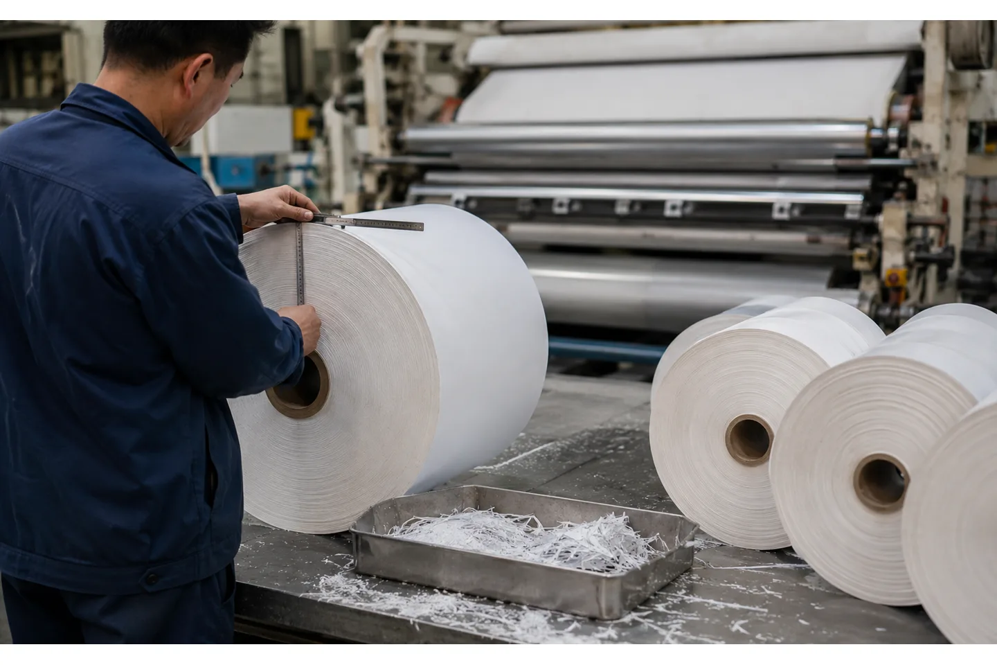 Paper slitter rewinder specification diagram showing parent roll, dust-controlled shear knives, tension zones and finished roll inspection points