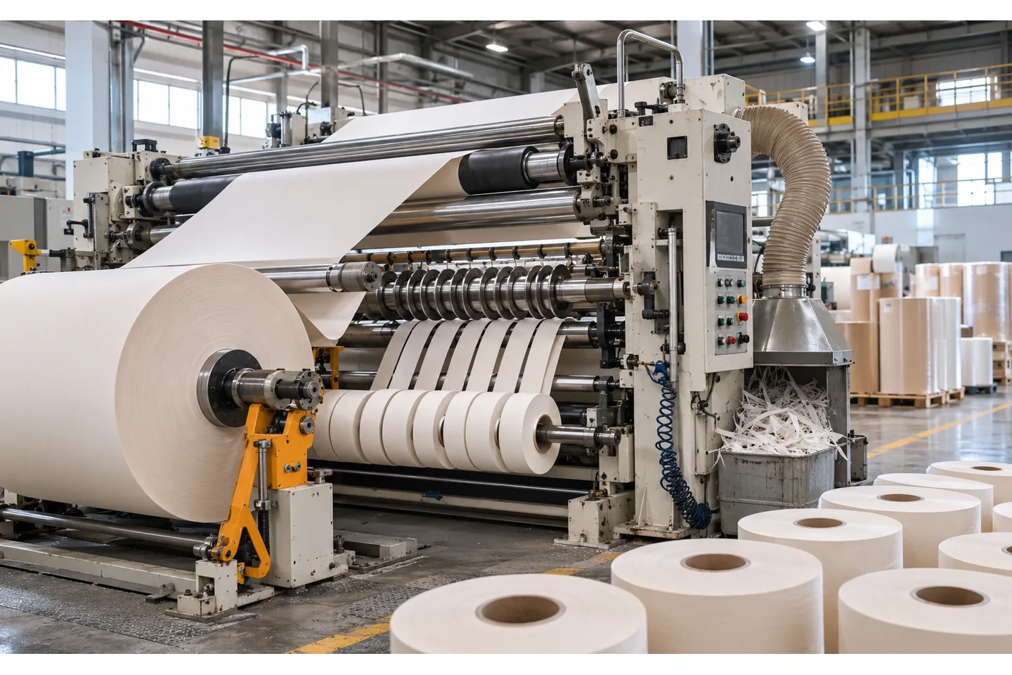 Industrial paper slitter rewinder showing a parent paper roll, shear slitting station, and rewind rolls with dust extraction hoods
