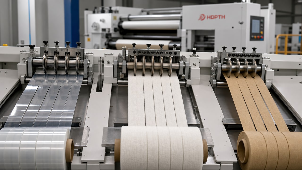 Razor shear and score slitting assemblies processing film nonwoven and paper materials