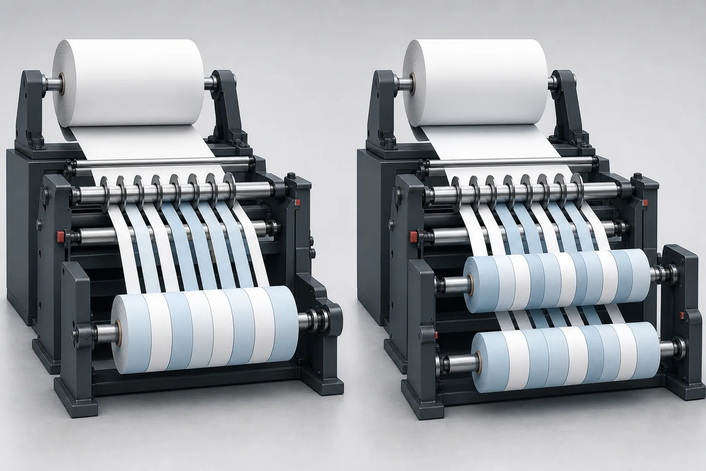 Generic technical comparison of one-shaft simplex and two-shaft duplex slitter rewinder layouts