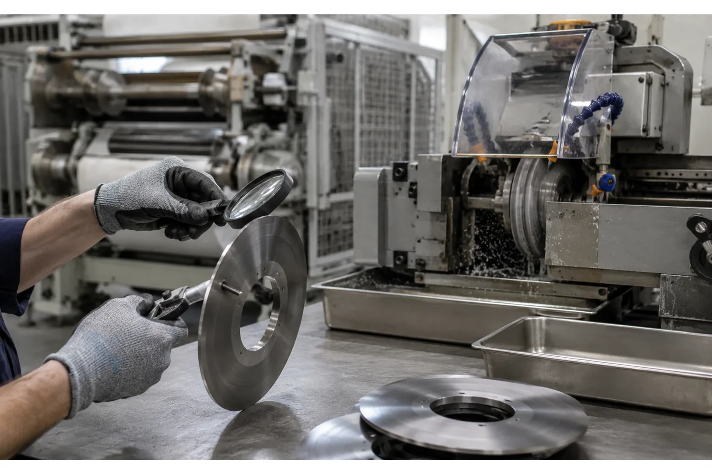 Technical illustration showing a slitter knife edge inspection, controlled regrinding wheel, and protected blade storage sequence