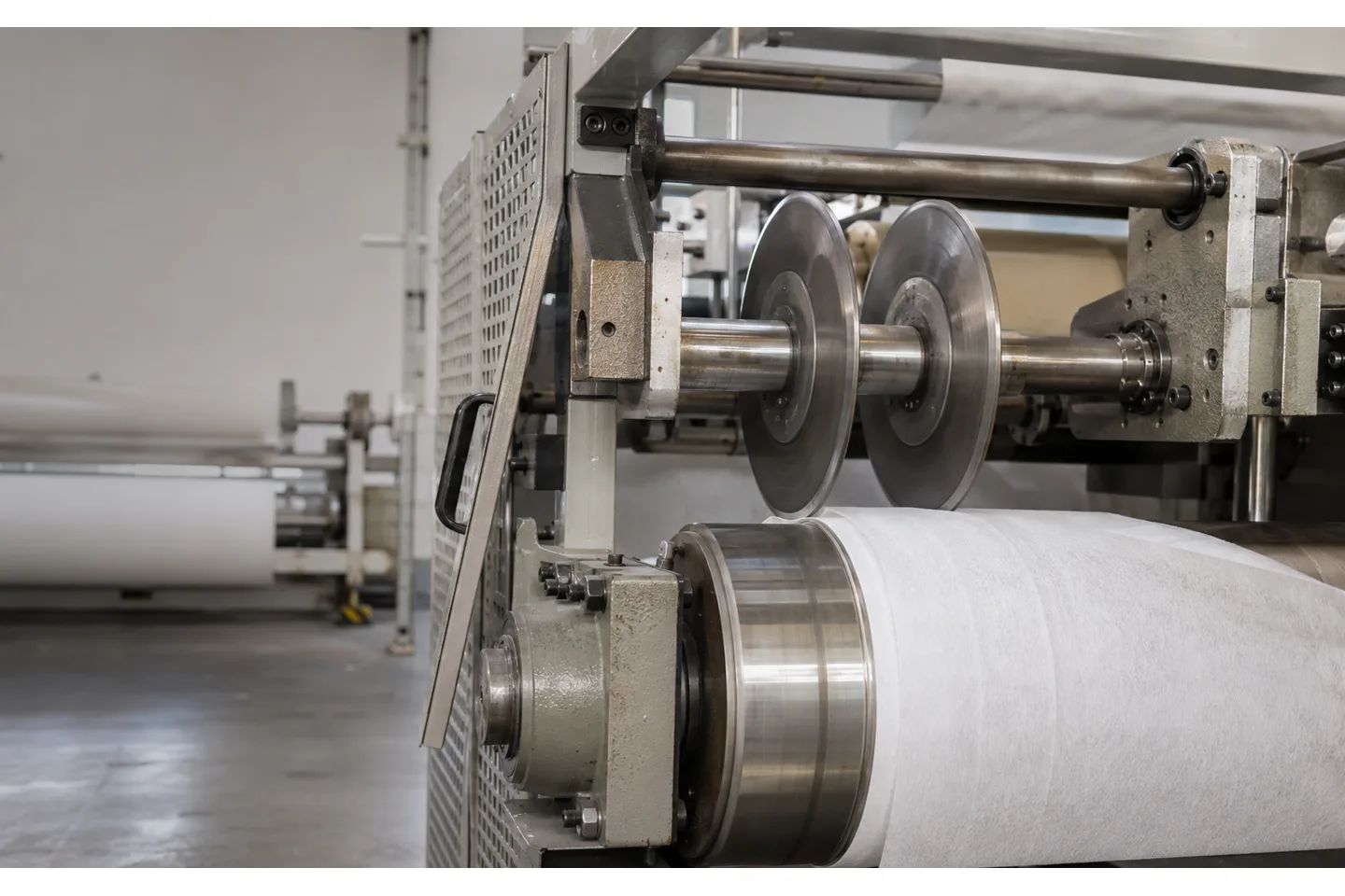 Simplified slitting section maintenance concept showing a circular shear knife pair cutting a web, a regrinding wheel restoring a blade edge, and a protective blade storage rack