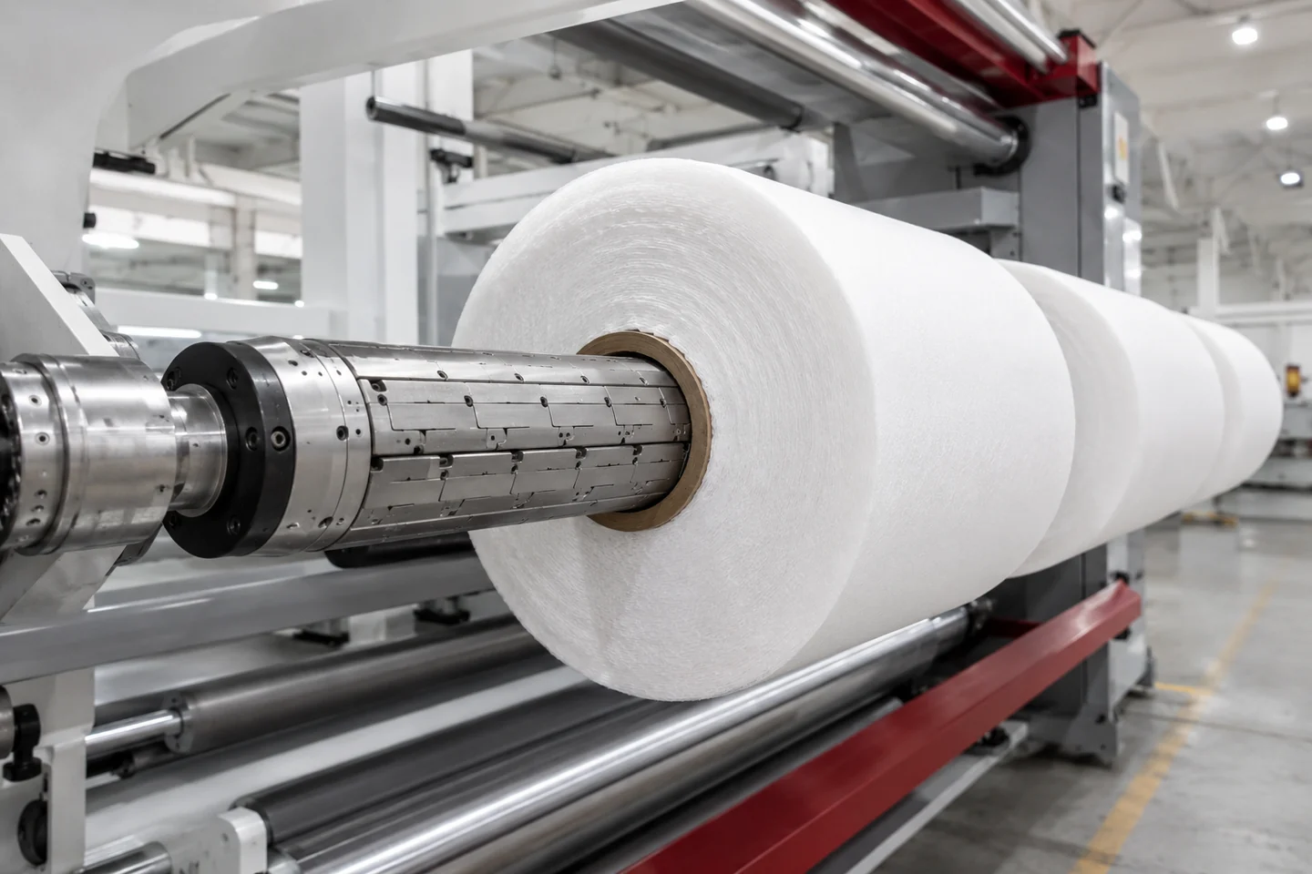 Expanding air shaft gripping plain fiber cores on a nonwoven slitter rewinder
