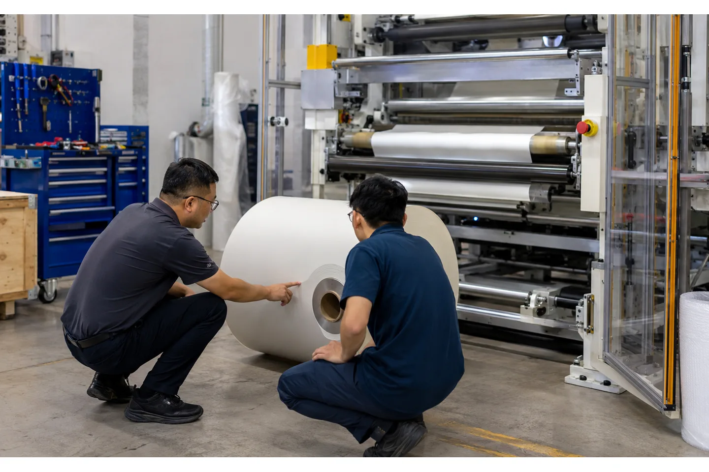 Slitter rewinder commissioning flow from receiving inspection and utilities through dry run, material trial, training and handover