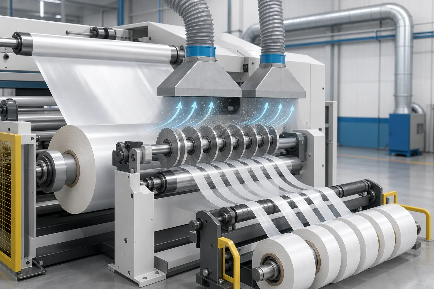 Generic slitter rewinder dust extraction hoods positioned near the slitting zone