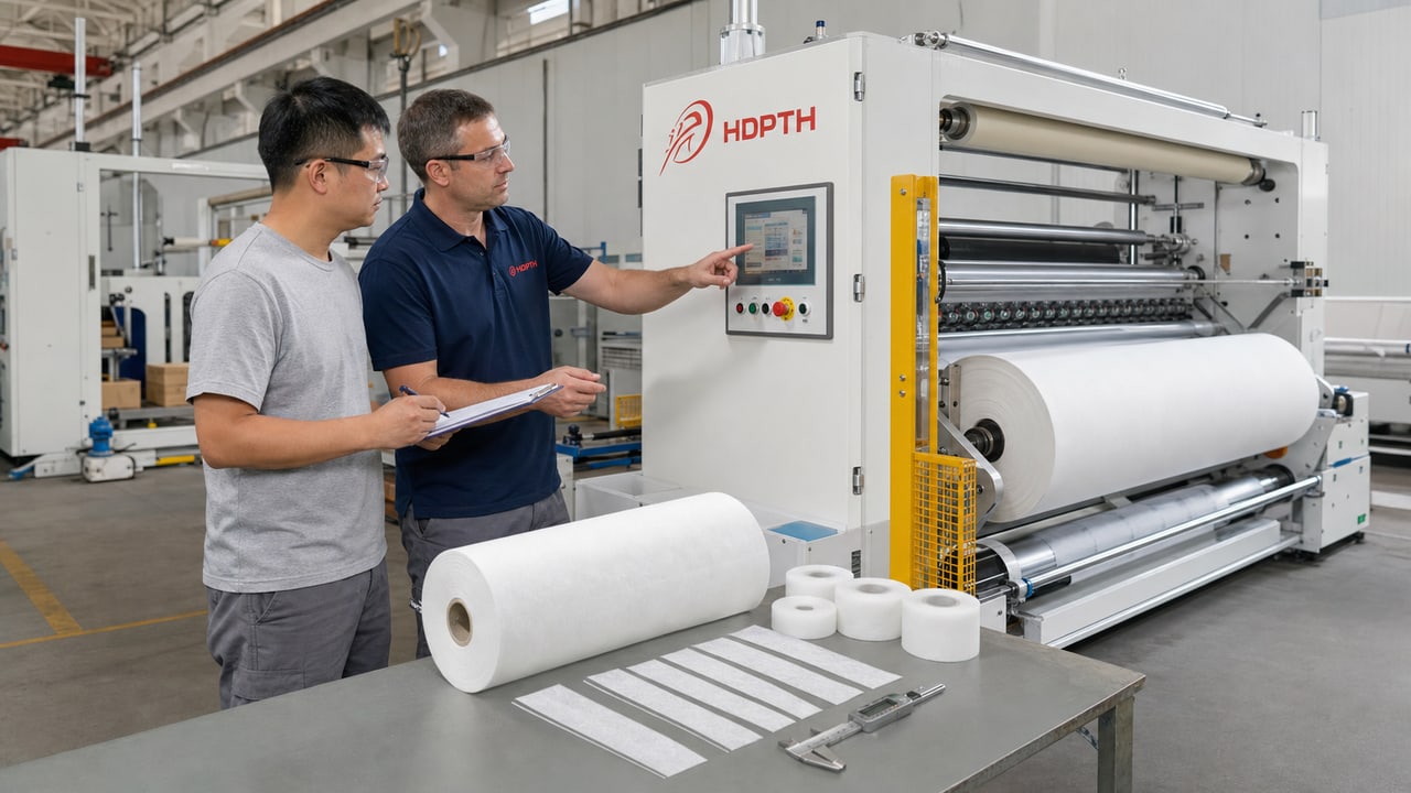 Overseas buyer and HDPTH engineer reviewing a slitter rewinder factory acceptance test