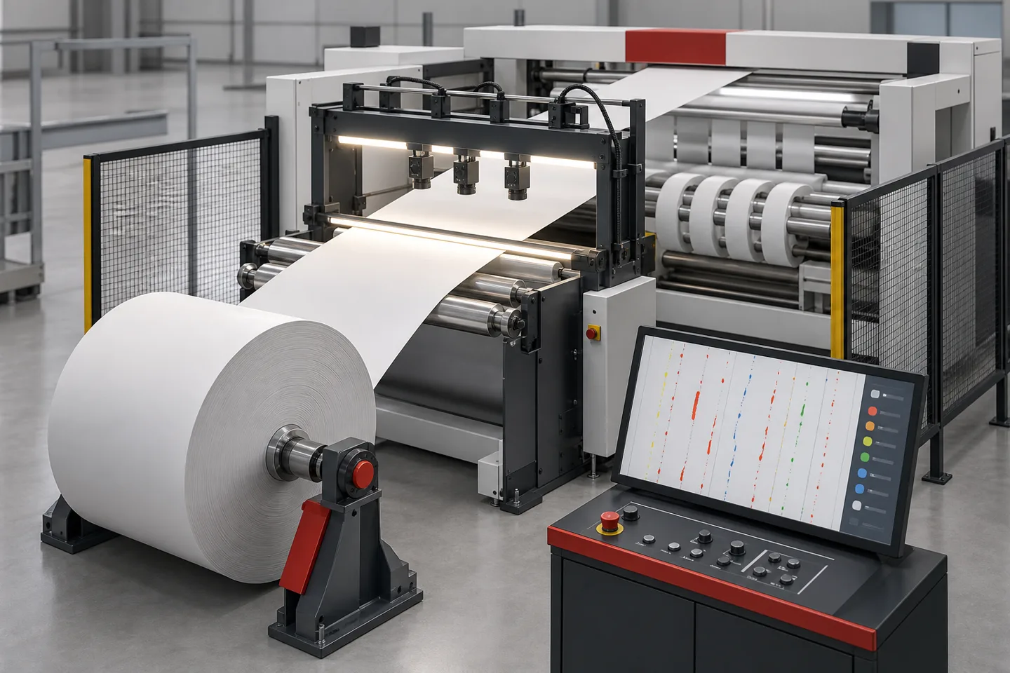 Generic slitter rewinder web inspection bridge with cameras and lighting over a moving roll material web