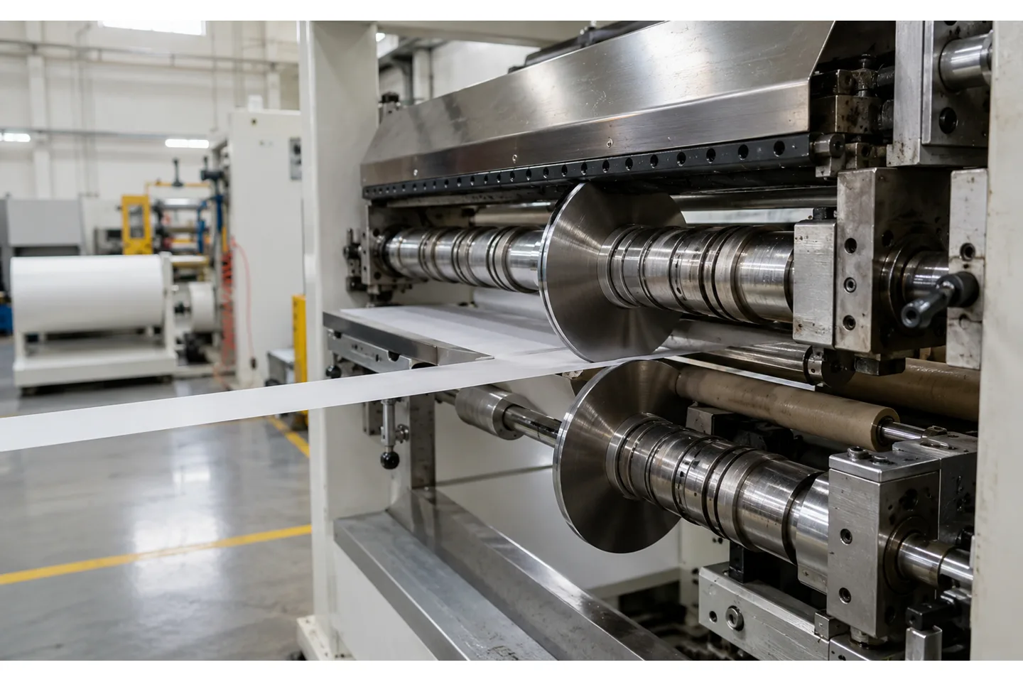 Close view of paired rotary shear knives cutting a moving roll-material web on a slitter rewinder
