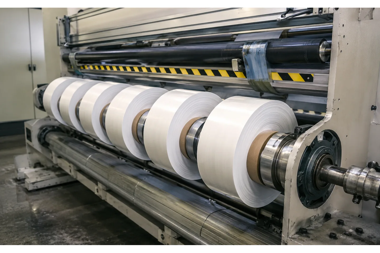 Slitter rewinder rewind shafts building multiple finished rolls with a control panel showing torque and tension trends