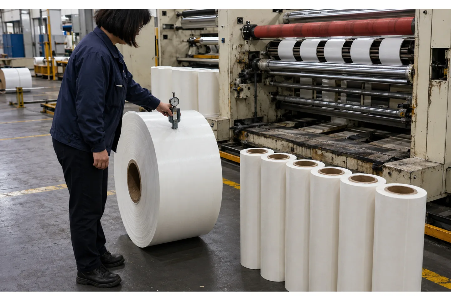 Operator measuring the surface firmness of a finished slit roll beside a slitter rewinder