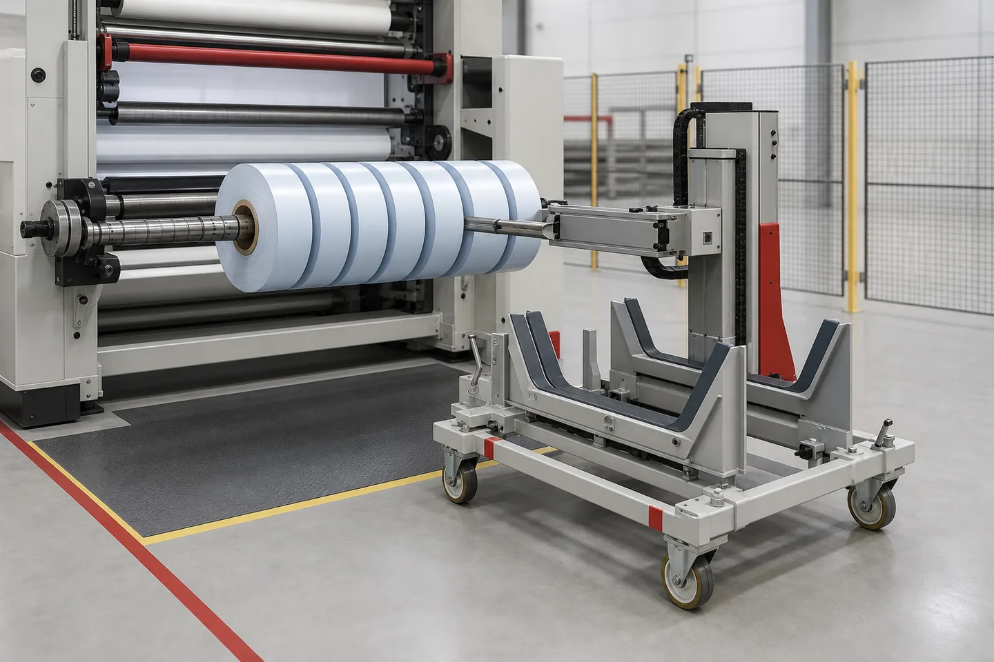 Generic finished-roll pusher and unloading trolley beside a slitter rewinder