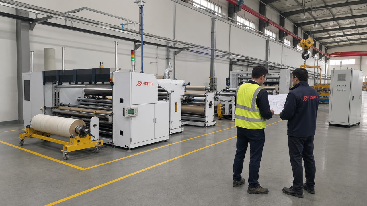 Plant engineers reviewing floor layout and utilities for an HDPTH slitter rewinder installation