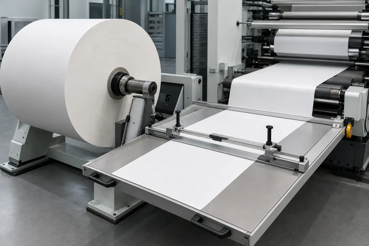 Generic conceptual illustration of an industrial slitter rewinder splice table featuring web clamping bars and a transverse cutting guide.