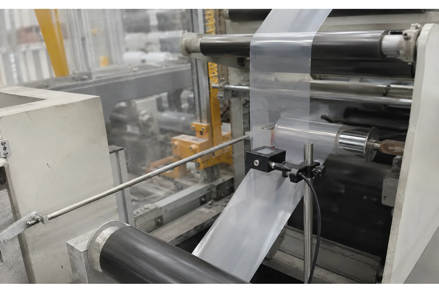 Slitter rewinder web path with a compact web-break sensor monitoring the moving material before the rewind section
