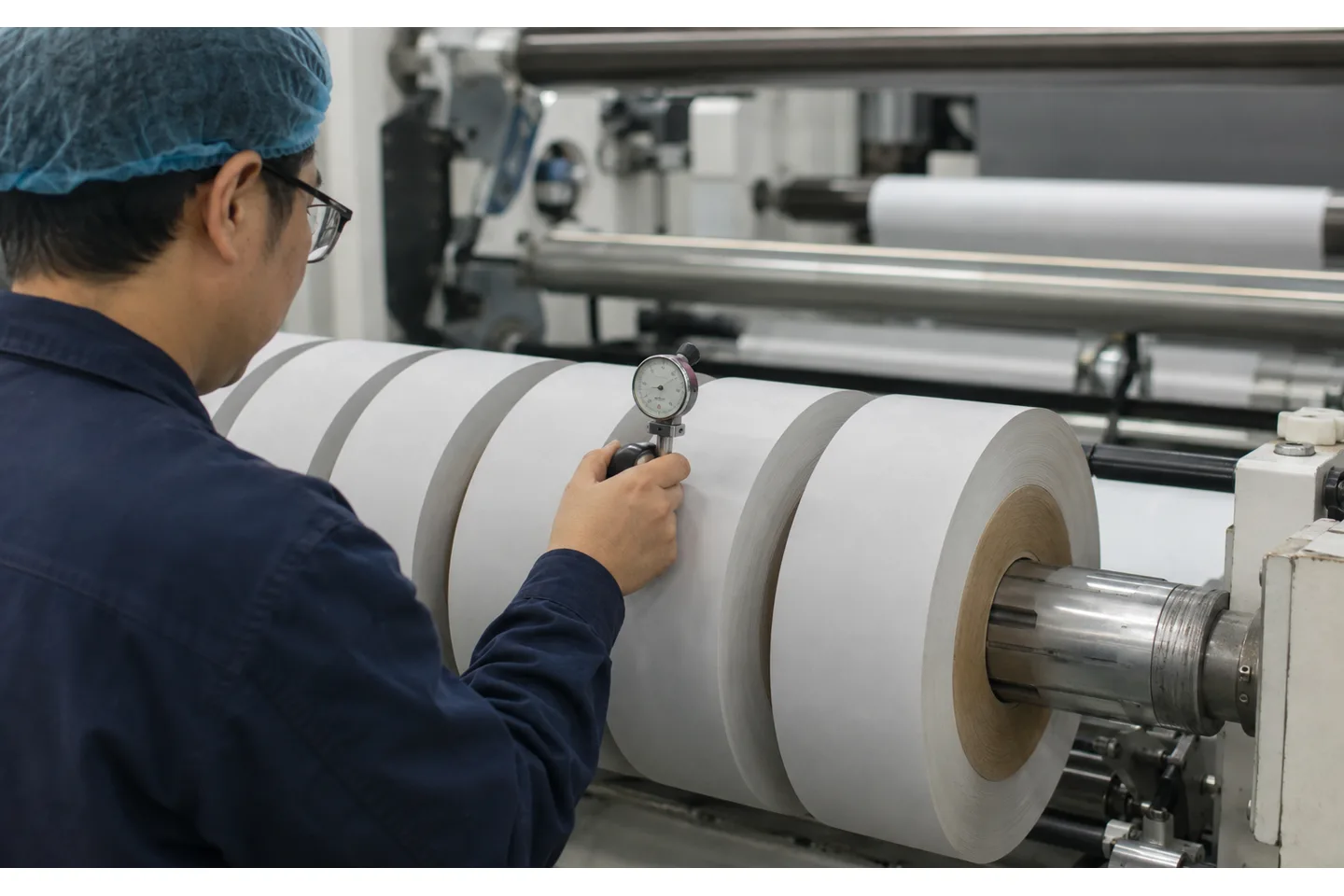 Diagram of a slitter rewinder finished roll showing high initial winding tension tapering lower as roll diameter grows