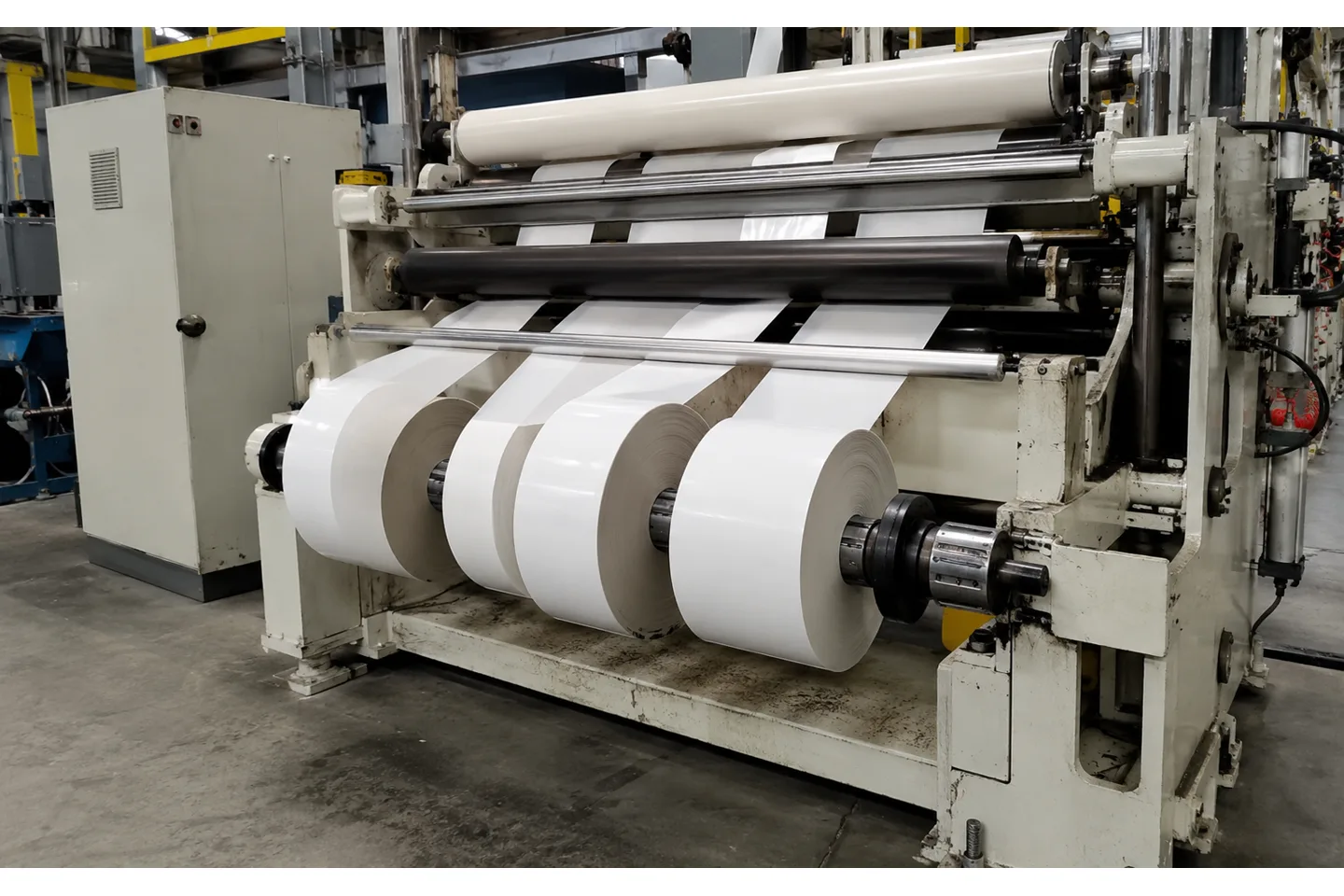 Slitter rewinder winding several finished rolls with a control overlay showing tension taper as diameter increases